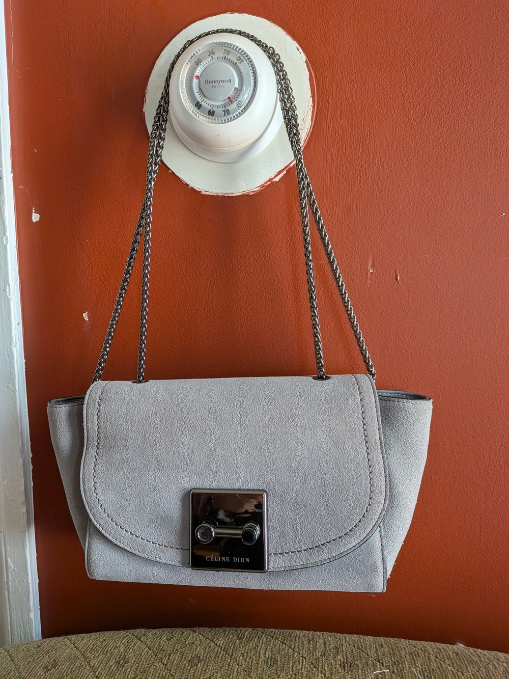 Celine Dion Light Gray Suede Chain Crossbody Bag